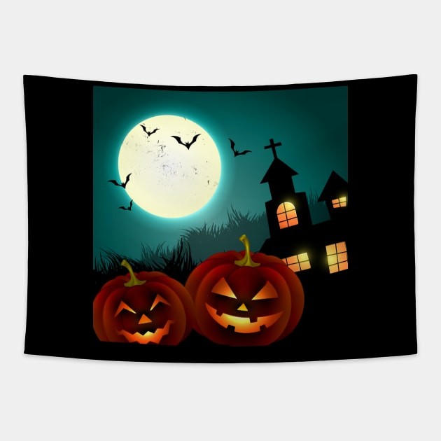 Haunted House and Pumpkins Tapestry by PattisonAvePhanatics