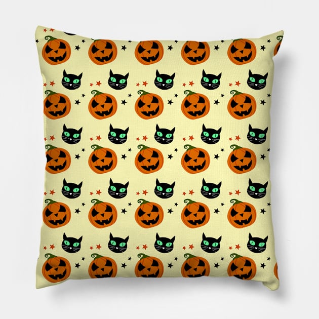 Halloween black cat and orange pumpkin pattern on light pastel yellow Pillow by galaxieartshop