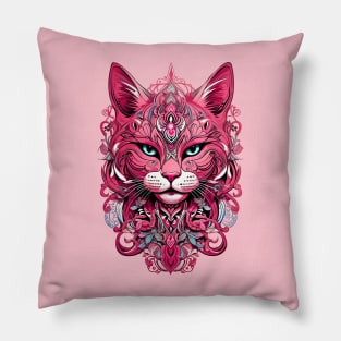 Pink Cat ornamental tribal art fusion design Pillow