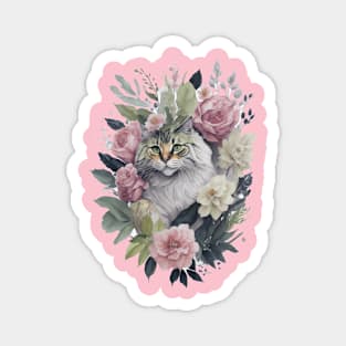 Fluffy Cat around Flowers: Scattered Watercolor in Pastel Colors Magnet