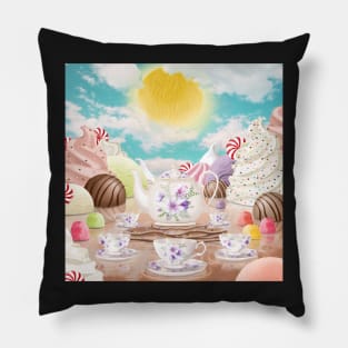 Fantasy candy land illustration. Sweets wonderworld landscape. Magical tea set. Pillow