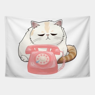 Sad Cat and Retro Rotary Dial Phone Tapestry