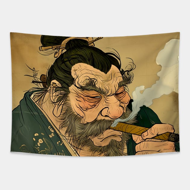 Puff Sumo Smoking a Cigar: "Nothing Bothers Me When I'm Smoking a Cigar" Tapestry by Puff Sumo