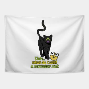 a mix between evil and funny, black cat with phrase and emoji Tapestry