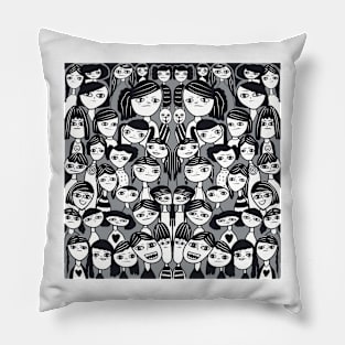 Bunch of Quirky Girls and Friends - Black, White, Gray Pillow