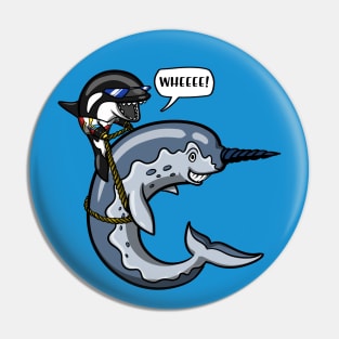 Orca Whale Riding Narwhal Fish Pin