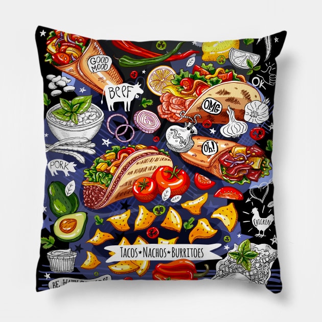 Food poster, food, Mexican, nachos, burritos, tacos, snack. Pillow by Iraida Bearlala