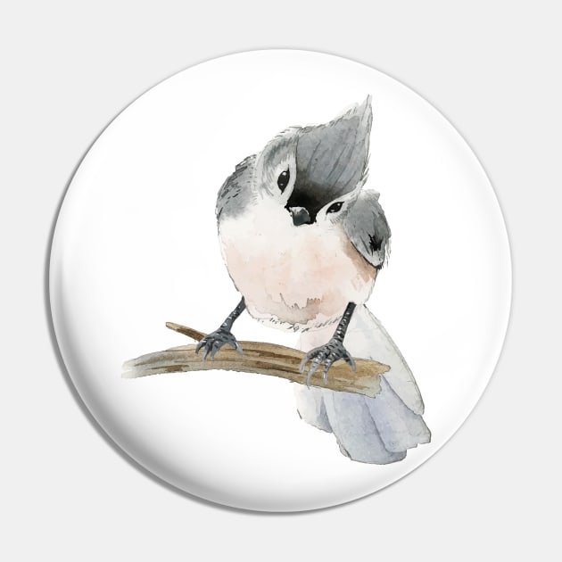 Titmouse Bird Watercolor Pin by Mako Design 