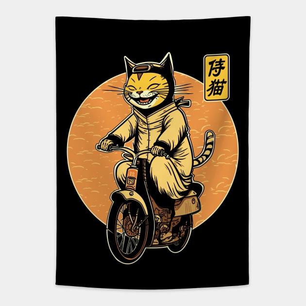 Japanese Samurai Cat on Motorcycle Kawaii Ninja Cat Tapestry by Apocatnipse Meow