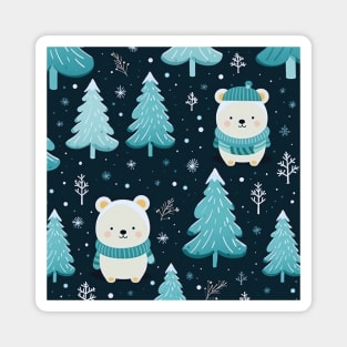 Blue Green White Winter Pattern With Cute Polar Bears, Christmas Trees And Snowflakes Magnet