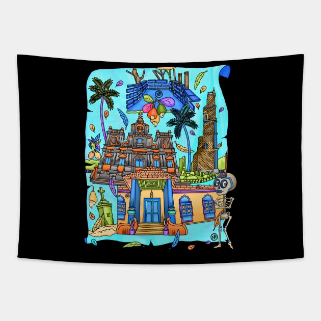 Cute Skeleton - Dia De Los Muerto - Goa Nostalgia - architecture of Goa Tapestry by Scriptnbones