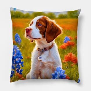 Brittany Puppy in Texas Wildflower Field Pillow