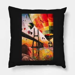 Hot air balloons over bridge and bay Pillow