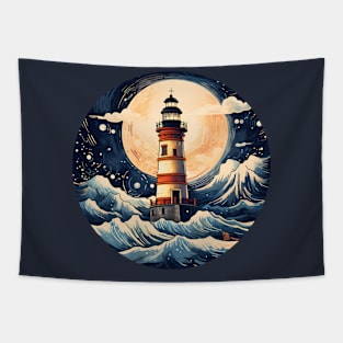 Lighthouse Ocean Waves Full Moon Tapestry