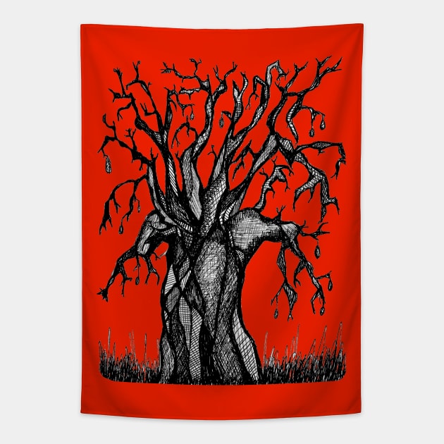 Red Baobab Artistic Line Drawing Tapestry by Tony Cisse Art Originals