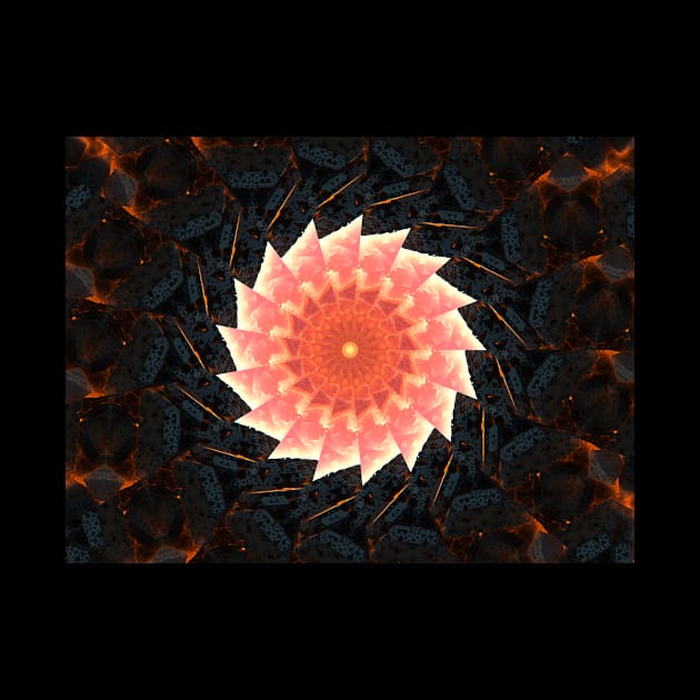 Peach fractal mandala flower on black stone by Pink Dessert