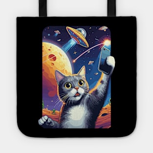 Cute And Funny Cat Selfie With UFOs Behind Tote