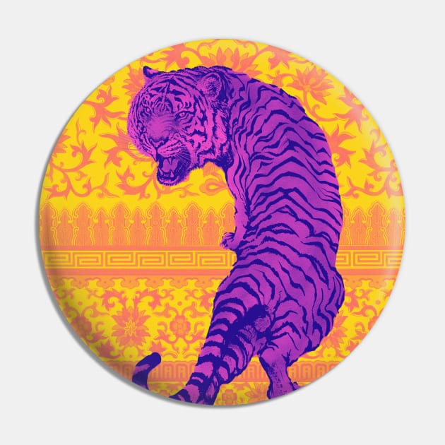 Hong Kong Neon Purple Tiger with Yellow and Orange Floral Pattern - Animal Lover Pin by CRAFTY BITCH