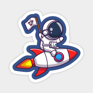 Cute Astronaut Riding Rocket And Holding Flag Cartoon Magnet