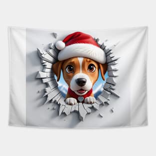 A Cute Dog Wearing  Christmas Hat Peeking Through A Hole In The Wall Tapestry