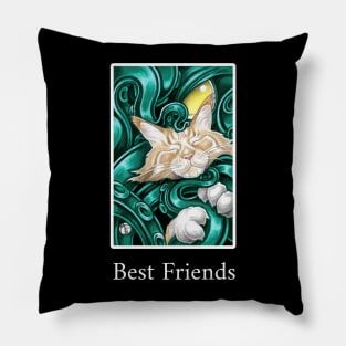 Cthulhu and Ginger Cat Friend - Best Friends - White Outlined Version Pillow