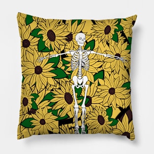 Skeleton in sunflower garden Pillow