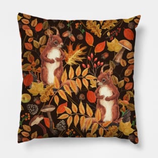 Autumn squirrels and autumnal flora on dark brown Pillow