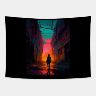 lost boy in a cyber neon cityscape Tapestry