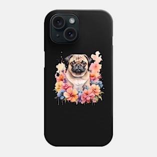 A pug decorated with beautiful watercolor flowers Phone Case