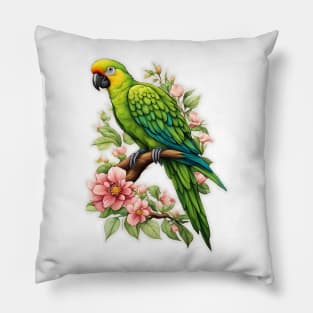 Green Parrot on a tree branch flowers Pillow