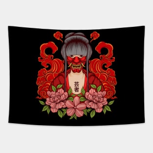 oni mask red girl flower cloud leaf Tapestry