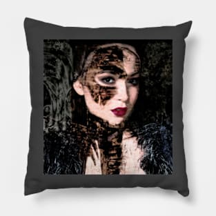 Beautiful girl, with mask. Like royal, but dark. Pale skin and red lips. So beautiful. Pillow