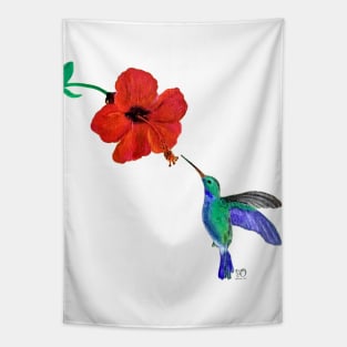 Hummingbird in Flight Feeding from Hibiscus Original Art Painting Tapestry