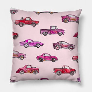 Little Toy Cars in Watercolor on Pink Pillow