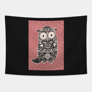 Black and White Folk Art Owl on rose pink floral background Tapestry