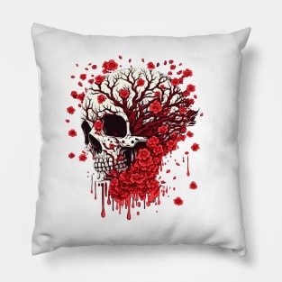 Red Flowers Skull Pillow