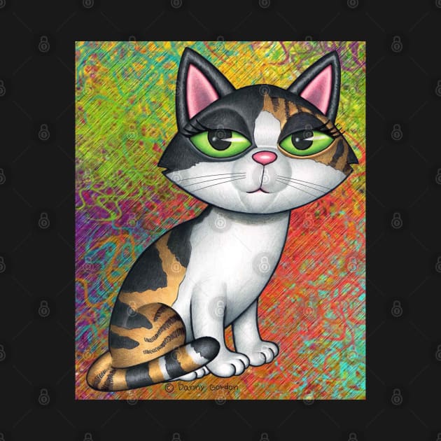 Cute Calico Kitty on green, red, purle, and yellow swirls by Danny Gordon Art