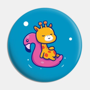 Cute Giraffe Floating With Swimming Flamingo Cartoon Pin