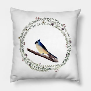 Tufted Titmouse with whimsical wreath Pillow