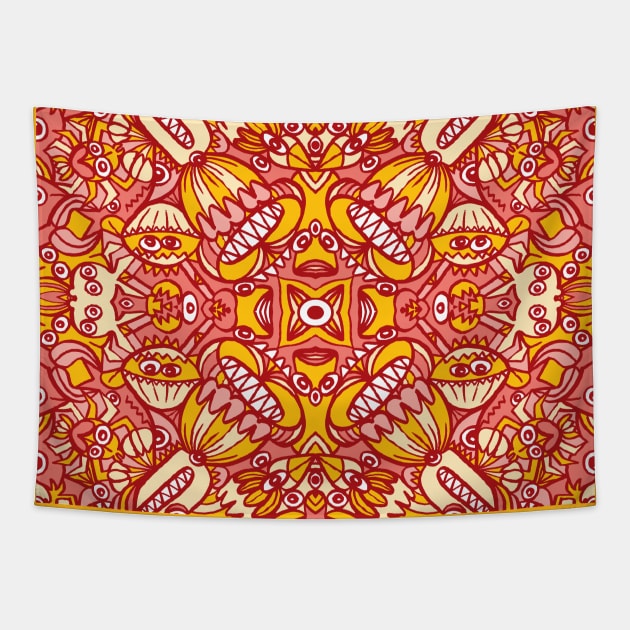 Red and yellow pattern design full of weird fantastic creatures Tapestry by zooco