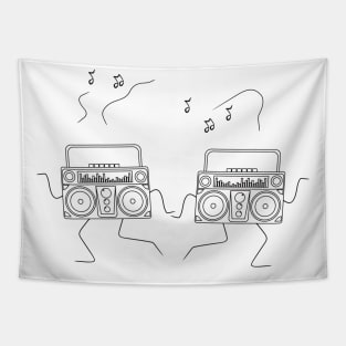 line art illustration of a pair of old school radios dancing together Tapestry