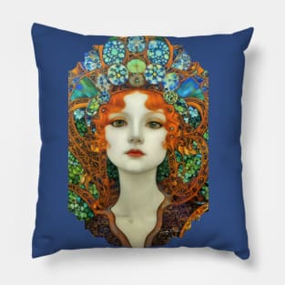 Portrait of Beautiful Woman in Vintage Tiffany Stained Glass Style Pillow