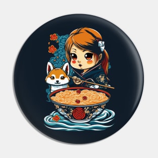 Cute kawaii girl with Shiba Inu dog loves ramen Pin