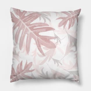 Trio palm leaves pink palepink on white tropical fall TeePublic Pillow