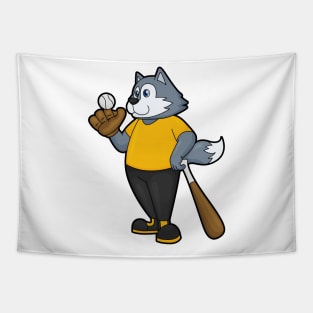 Wolf at Baseball with Baseball bat Tapestry