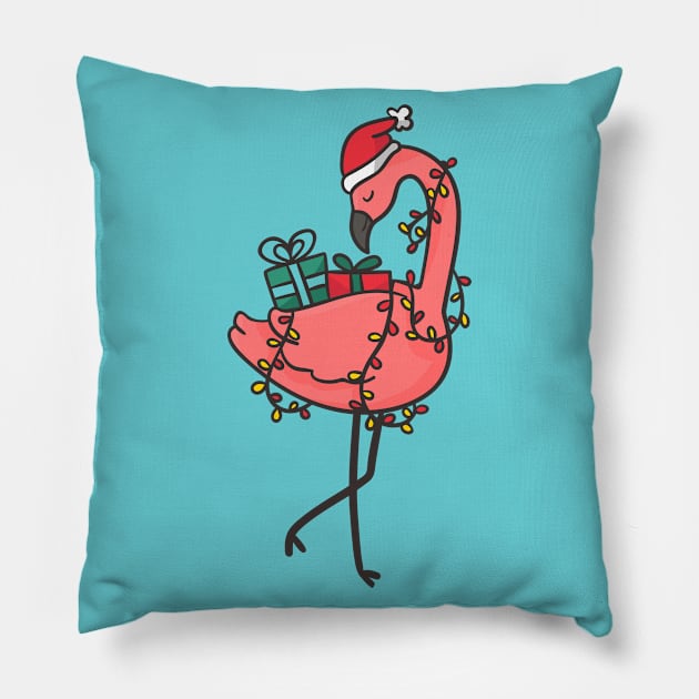 Tropical Christmas Flamingo with Santa Hat & Gifts Pillow by SLAG_Creative