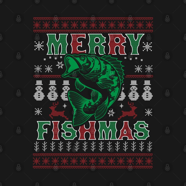 Merry Fishmas Funny Xmas Fishing - Ugly Christmas Sweater by OrangeMonkeyArt