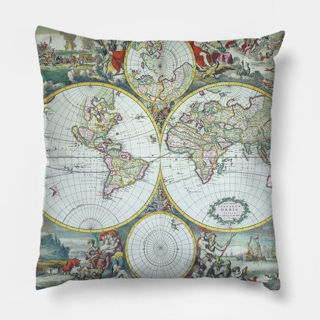 Antique Double Hemisphere Old World Map by Frederick De Wit, 1668 Pillow by MasterpieceCafe