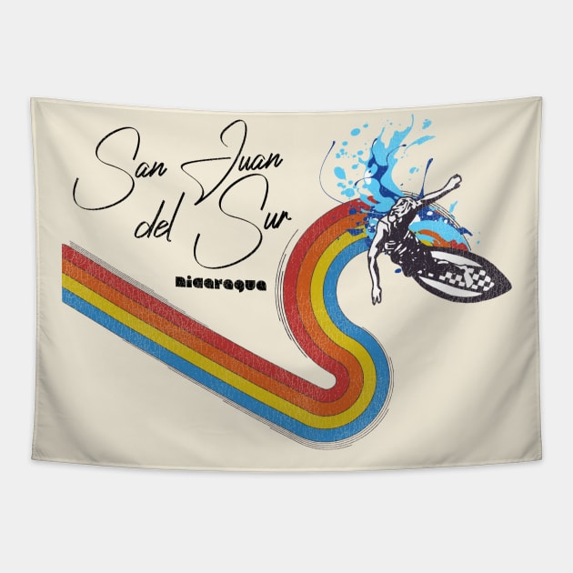 Retro 70s/80s Style Rainbow Surfing Wave Nicaragua Tapestry by darklordpug
