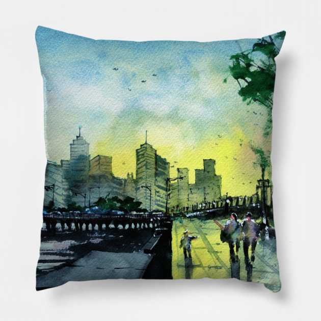 Southbank Melbourne painting Pillow by darrenyeoart